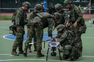 Members of Taiwan’s military operating a drone