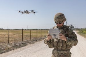 U.S. Army Reserve Spc. Race Sasser pilots a Skydio X10D small unmanned aircraft system