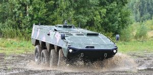 Patria AMV armored personnel carrier during cross-country testing.