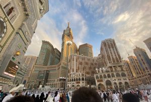 The Abraj al-Bait towers viewed from downtown Mecca, Saudi Arabia