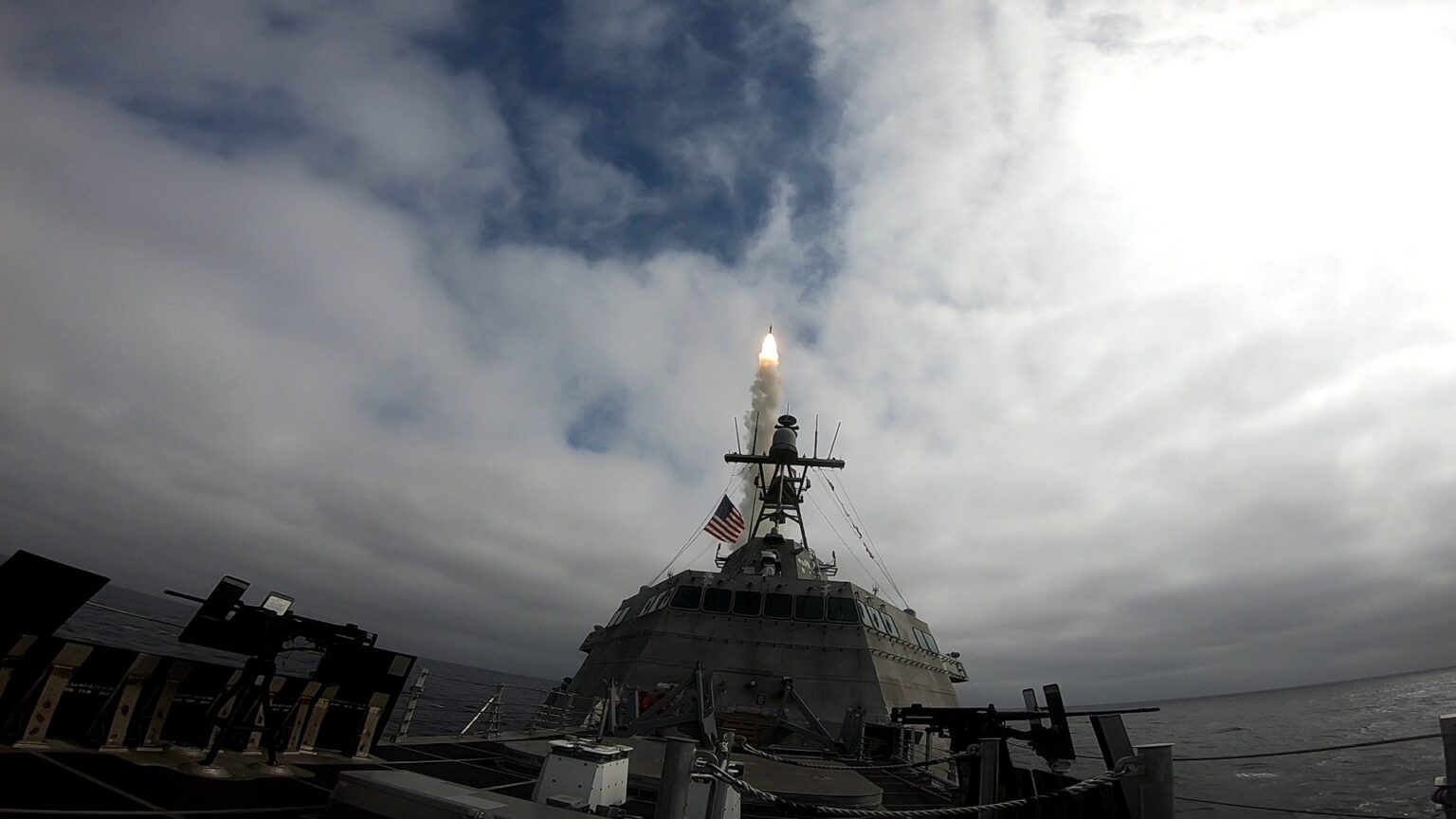USS Savannah (LCS 28) conducts a live-fire demonstration in the Eastern Pacific Ocean utilizing a containerized launching system that fired an SM-6 missile from the ship at a designated target.
