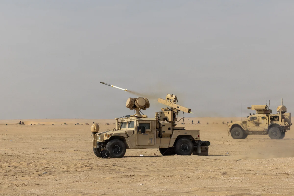 EAGLS counter-UAS system fires an APKWS-guided Hydra 70 rocket during Exercise Sky Shield in Kuwait, Dec. 4, 2025.