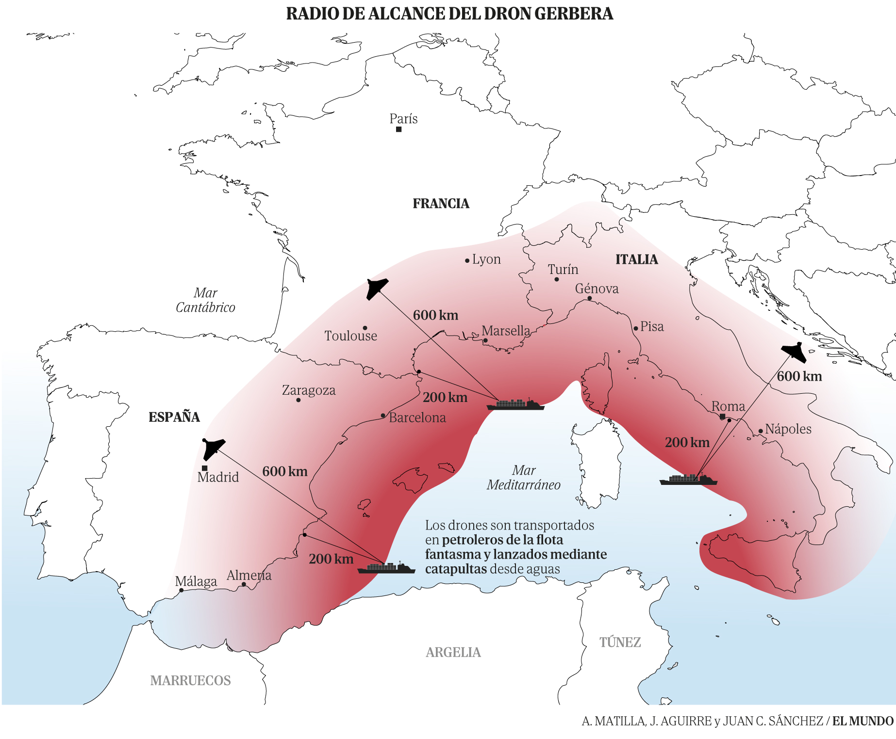 Russia could launch Gerbera drones from ships to attack Spain, France and Italy.