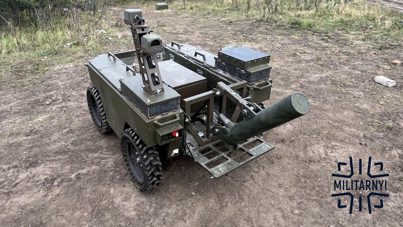 The Pidryv electromagnetic mine trawl mounted on a Ukrainian Army unmanned ground vehicle (UGV), 2026.