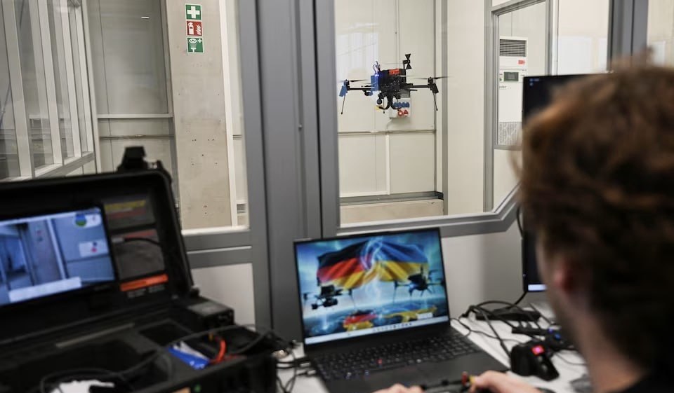 A worker tests a drone at a Quantum Systems facility in Germany,