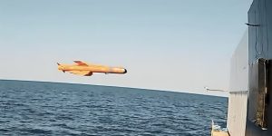 The ÇAKIR cruise missile before impacting a maritime target.