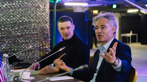 Palantir Technologies CEO Alex Karp and former Ukrainian Defense Minister Mykhailo Fedorov