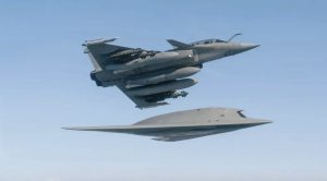 A Rafale during a test mission with a Dassault nEUROn combat drone demonstrator
