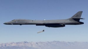 A B-1 bomber dropping a Joint Air-to-Surface Standoff Missile (JASSM).
