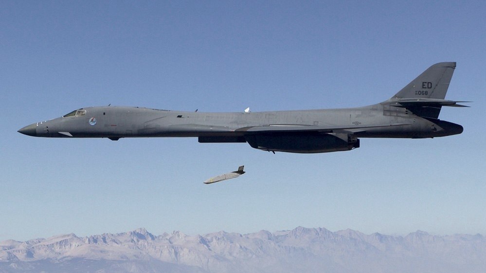 A B-1 bomber dropping a Joint Air-to-Surface Standoff Missile (JASSM).