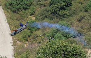 A self-destruct multi-purpose unmanned aerial vehicle by KAI falls toward the ground immediately after launch during a defense drone demonstration at the Seungjin Training Ground in Pocheon.