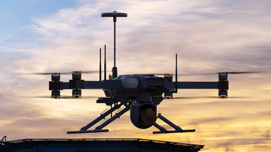 A drone in flight during the testing of ISAC technology by Ericsson and Erillisverkot in Finland.