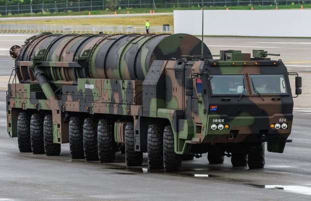 A mobile launcher carrying the Hyunmoo-5 ballistic missile features during a ceremony marking the 76th Armed Forces Day held in Seoul in October 2024.